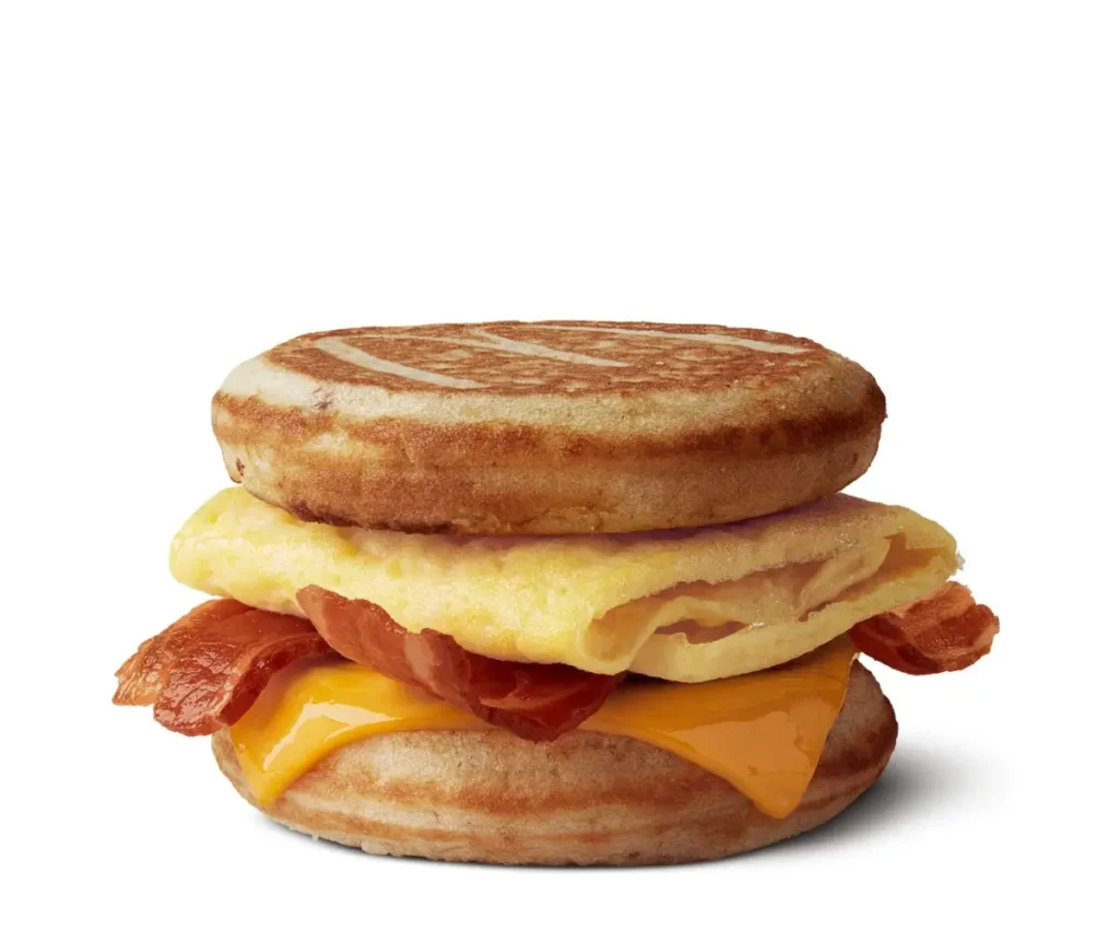 Bacon, a freshly cracked egg, and melted cheese sandwiched between sweet maple-flavored griddle cakes.