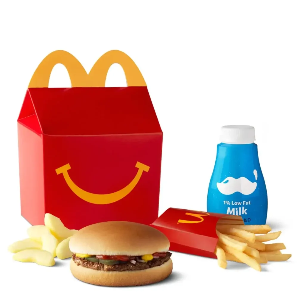 A Hamburger Happy Meal® with a classic hamburger, World Famous Fries®, apple slices, and a drink.