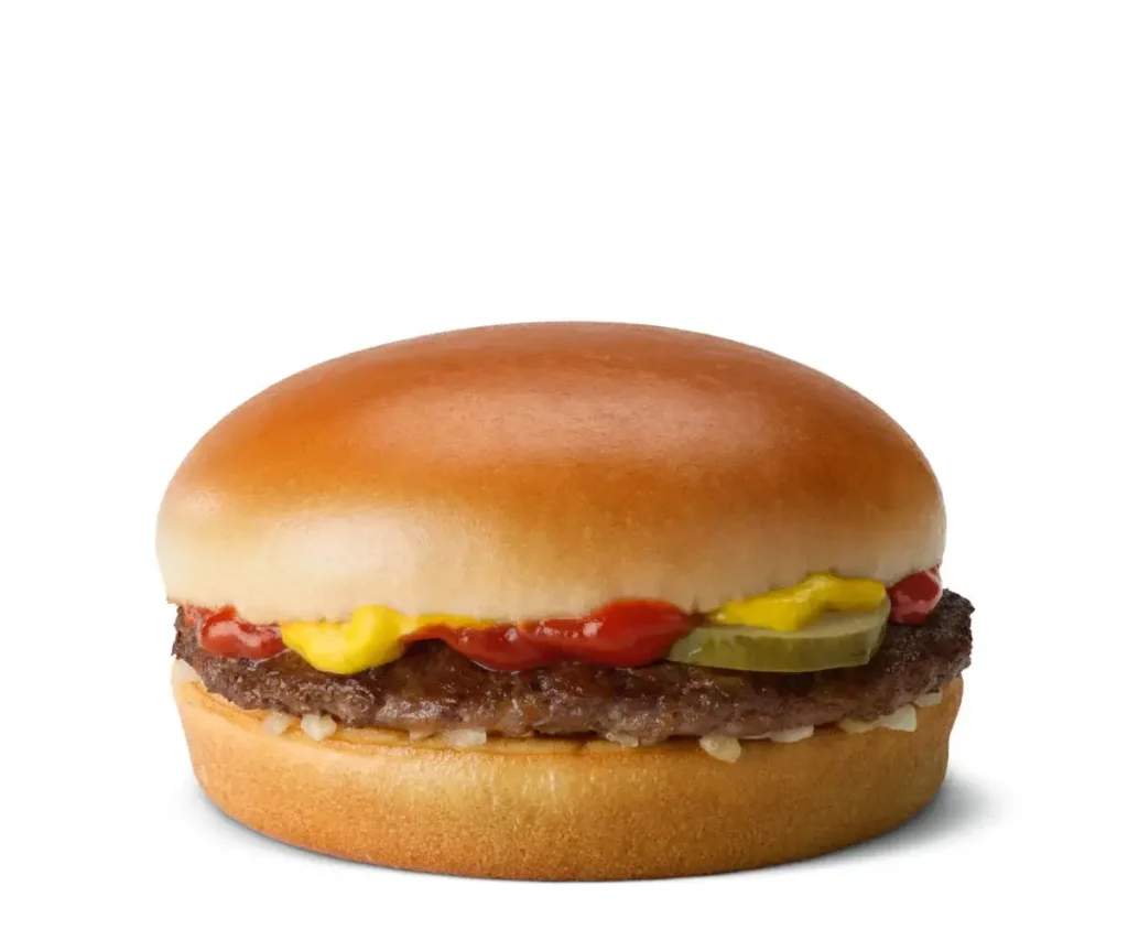 McDonald's classic hamburger with a beef patty, pickles, onions, ketchup, and mustard on a soft, toasted bun.