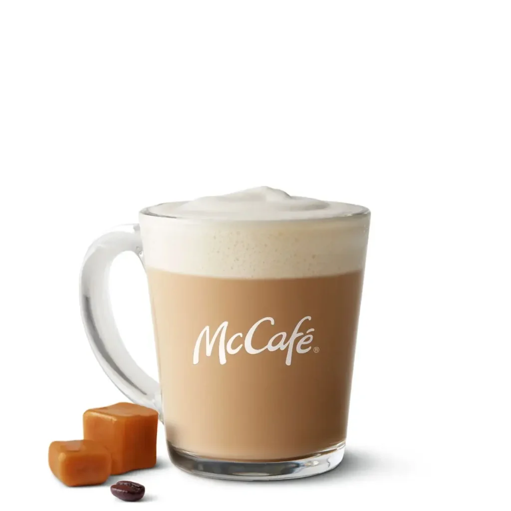 A McCafé® Caramel Cappuccino made with espresso, steamed milk, foam, and a hint of sweet caramel.