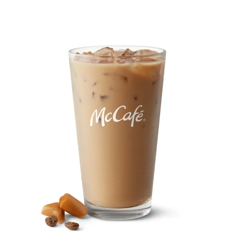 A McCafé® Iced Coffee flavored with sweet caramel syrup, served over ice for a refreshing cold drink.