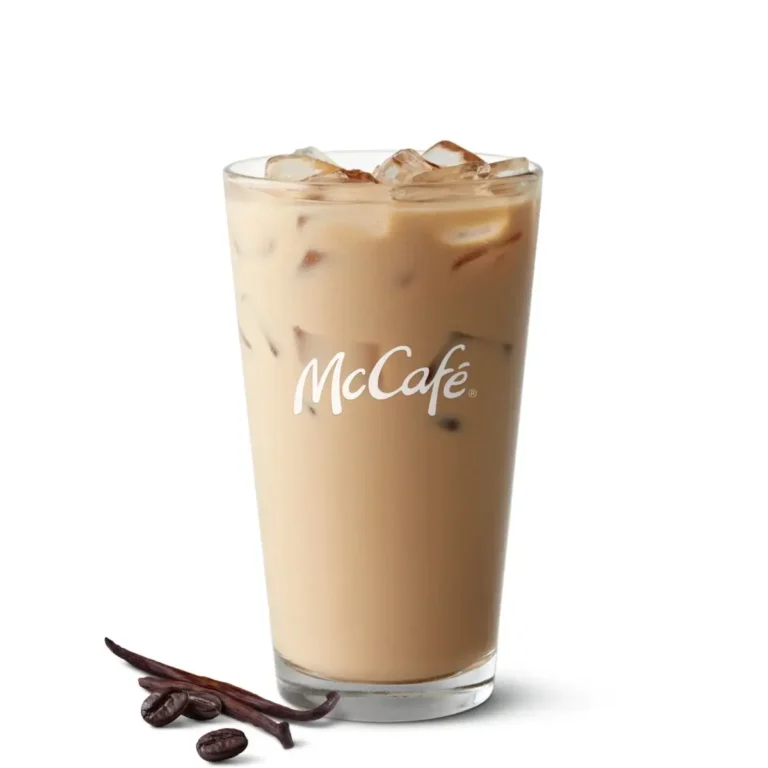 A McCafé® Iced French Vanilla Latte with espresso, milk, and sweet vanilla flavor, served over ice.