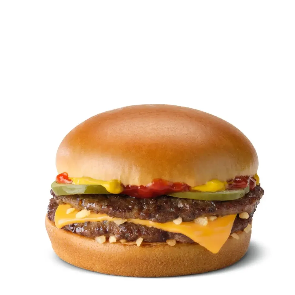 The McDouble® offers two beef patties topped with melted cheese, pickles, onions, ketchup, and mustard on a toasted bun.