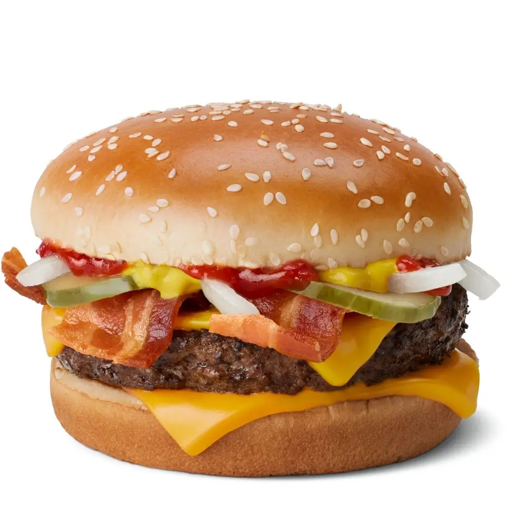 A Quarter Pounder® with crispy bacon, melted cheese, onions, pickles, and ketchup on a sesame seed bun.