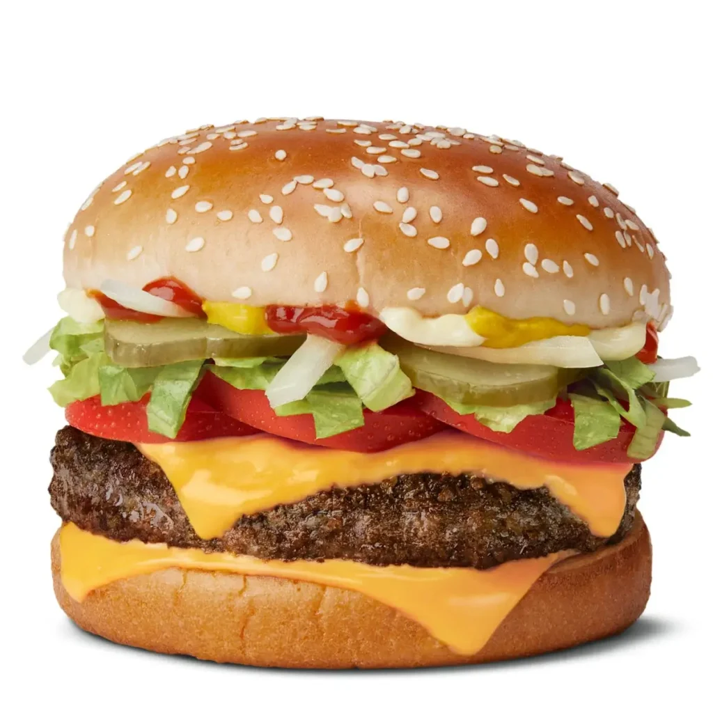 A Quarter Pounder® with Cheese Deluxe features lettuce, tomatoes, onions, pickles, and cheese on a sesame seed bun.