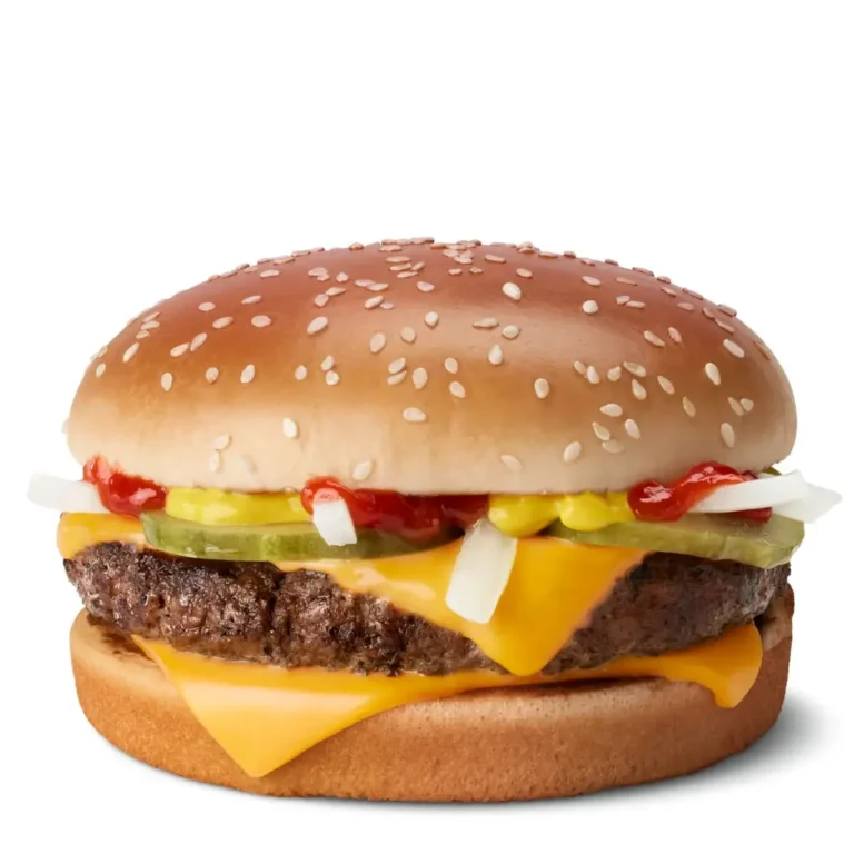 A Quarter Pounder® with a juicy beef patty, melted cheese, pickles, onions, and ketchup on a sesame bun.