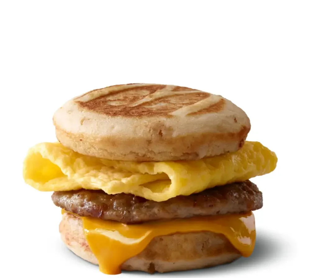 A savory sausage patty, freshly cracked egg, and melted cheese served between sweet maple-flavored griddle cakes.