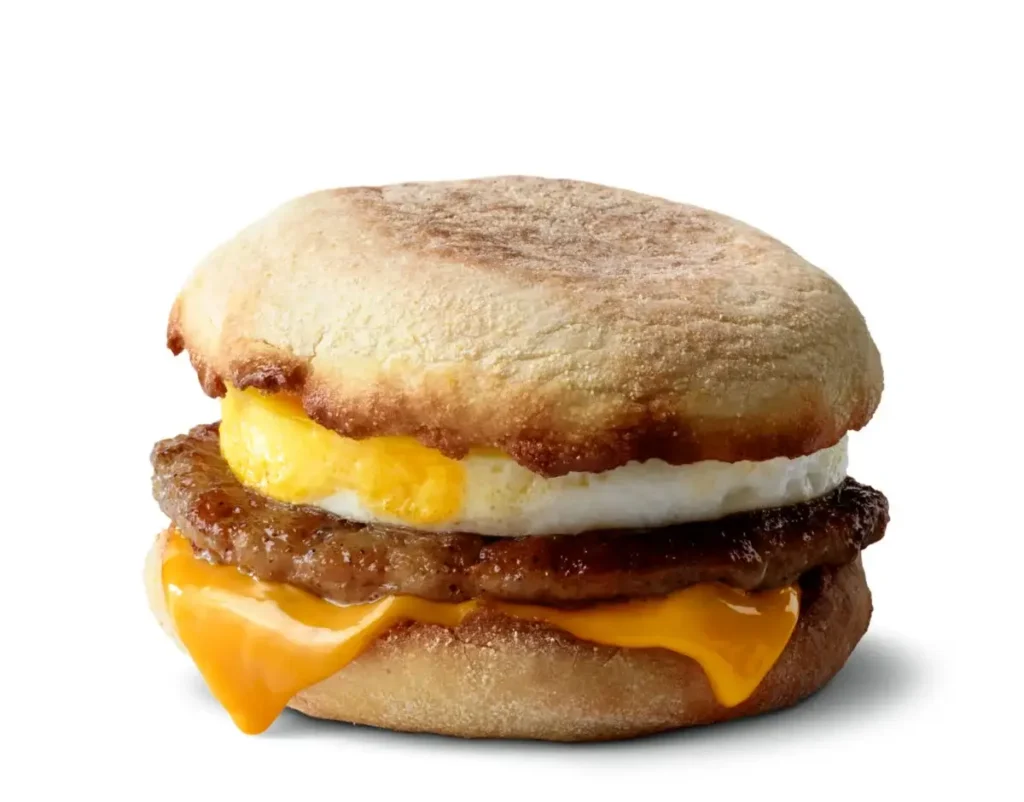 A Sausage McMuffin® with a freshly cracked egg, savory sausage, and melted cheese on a toasted English muffin.