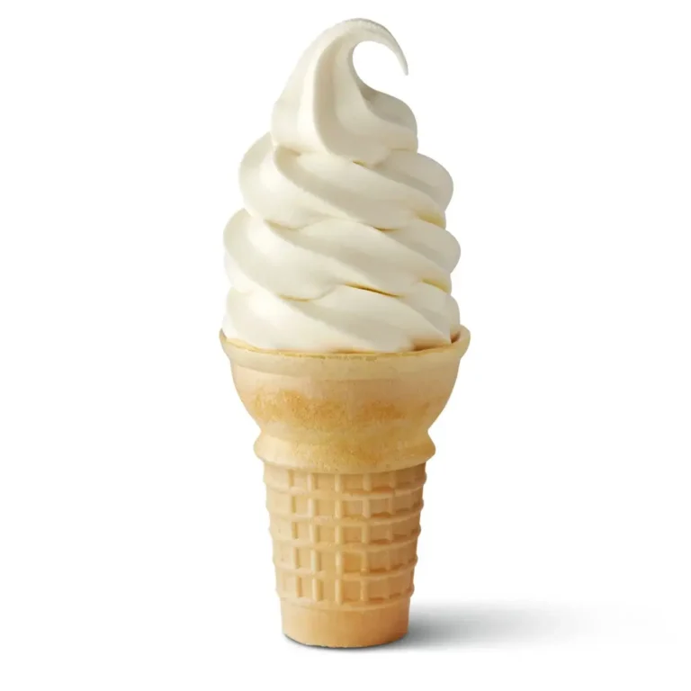 A McDonald's Vanilla Cone with creamy, soft-serve vanilla ice cream in a crispy cone.