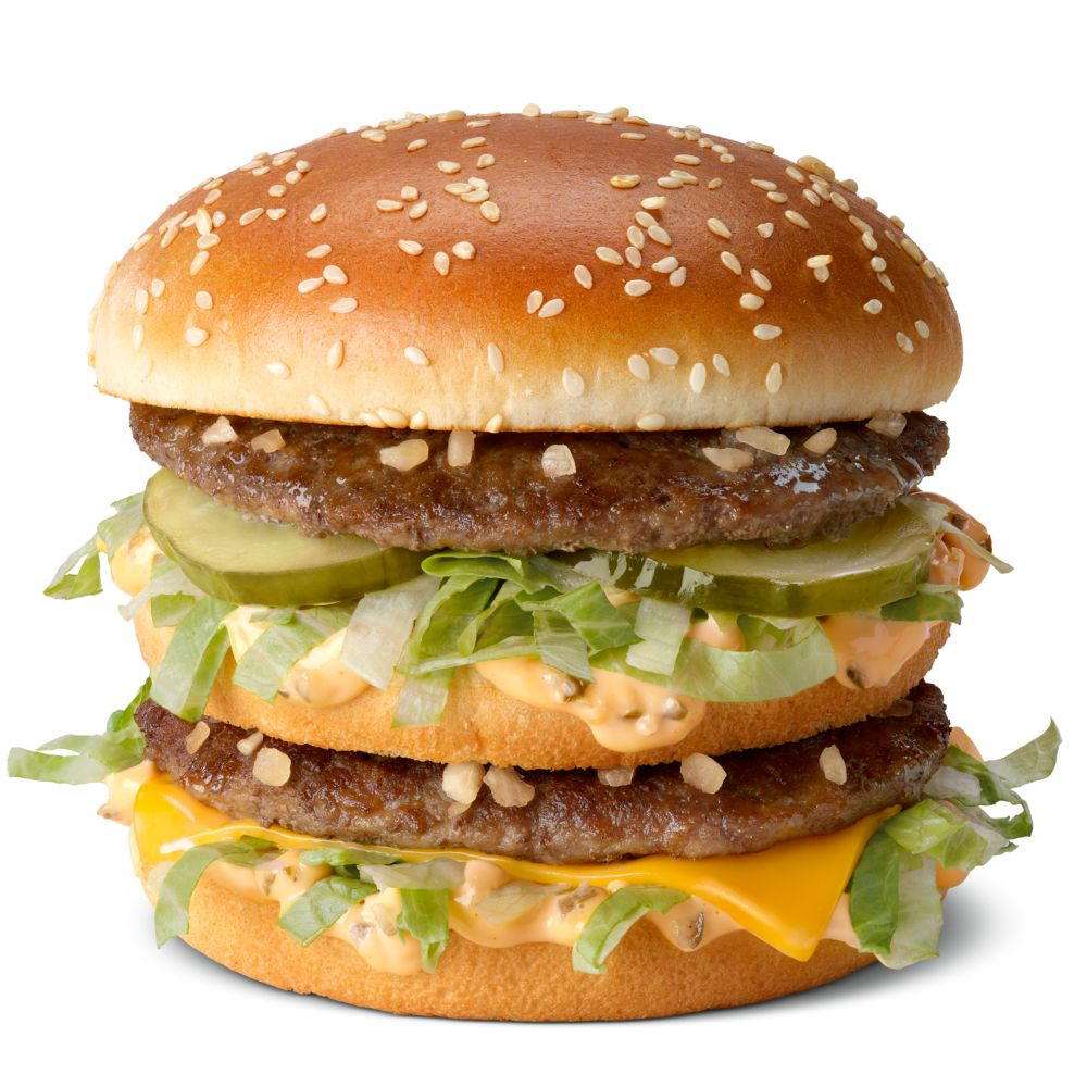 A classic Big Mac® with two beef patties, lettuce, cheese, pickles, onions, and special sauce on a sesame bun.